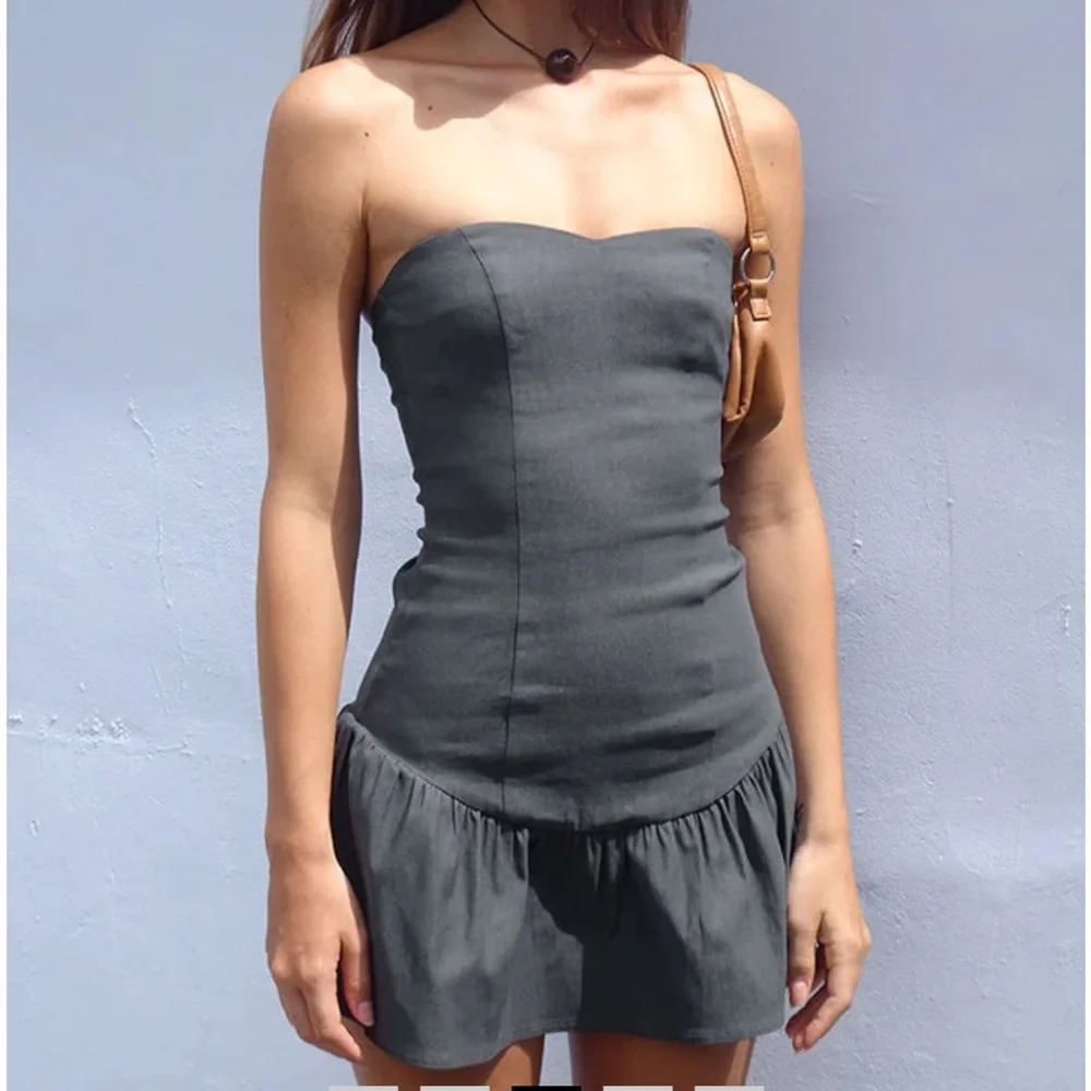 NWT Motel Sabina Bandeau Mini Dress In Charcoal Grey - Picture 2 of 6